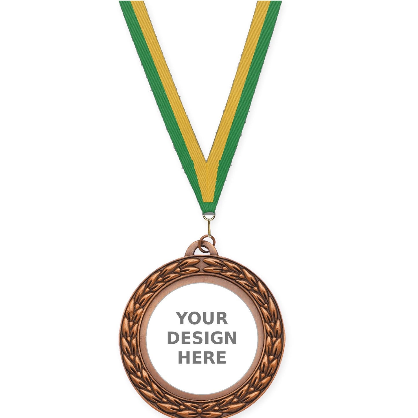 2 3/4 inch Victory Wreath insert medal in antique bronze with Green Gold neck ribbon
