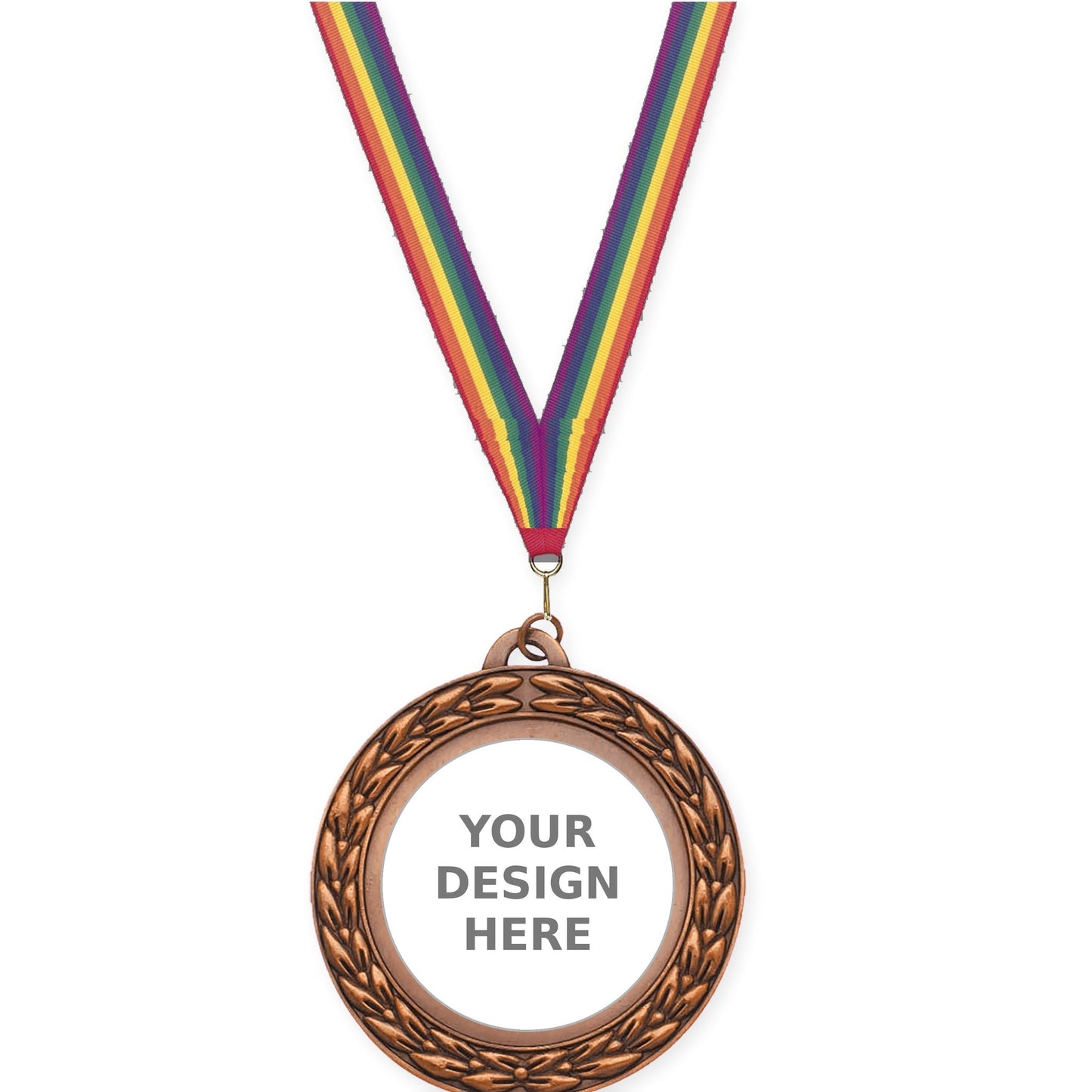 2 3/4 inch Victory Wreath insert medal in antique bronze with Rainbow neck ribbon