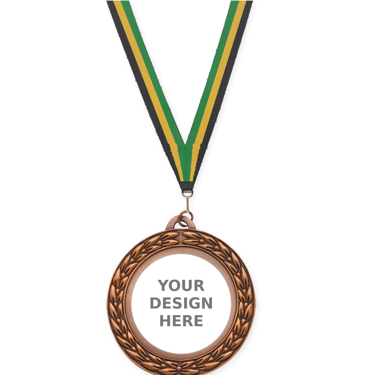 2 3/4 inch Victory Wreath insert medal in antique bronze with Black Gold Green neck ribbon