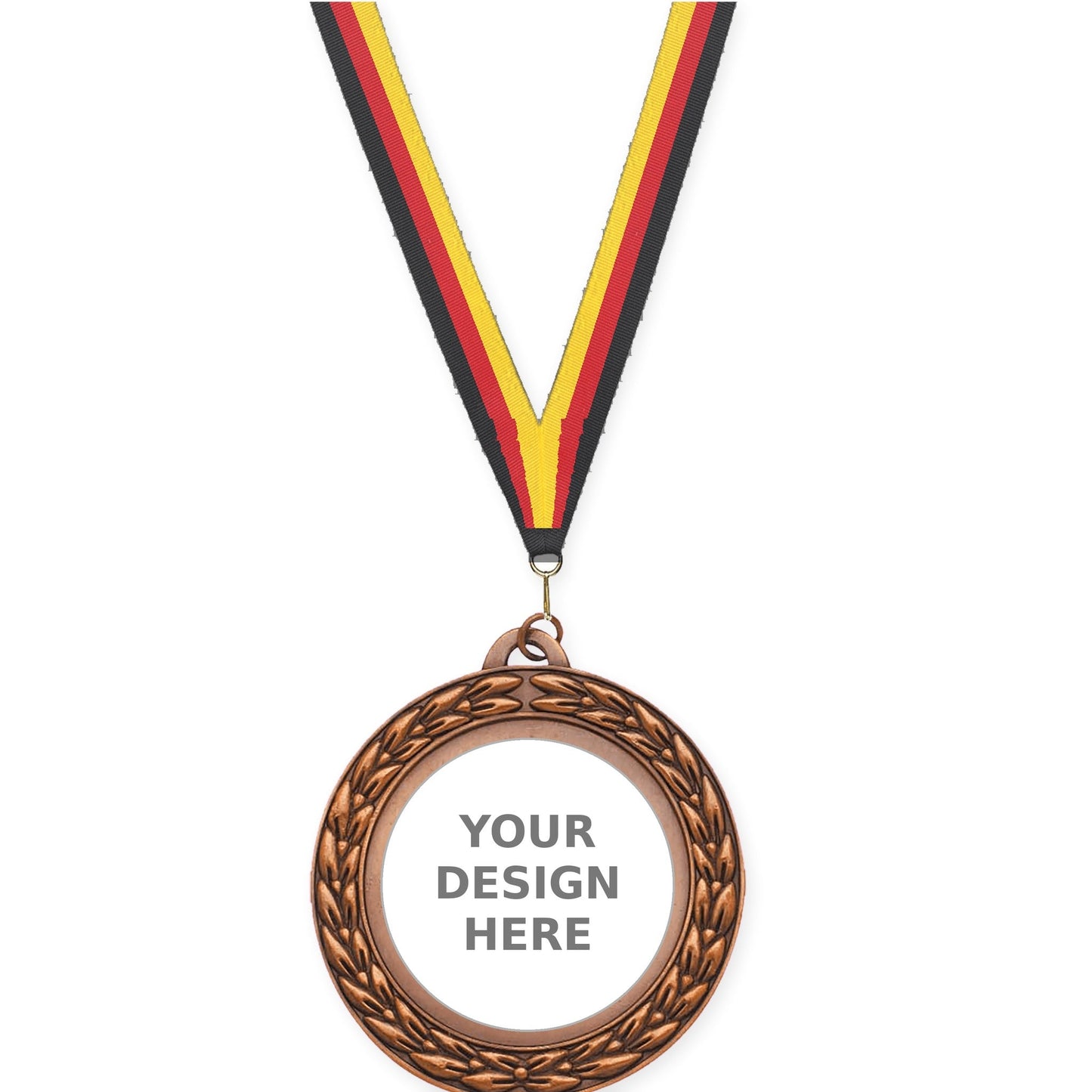 2 3/4 inch Victory Wreath insert medal in antique bronze with Black Red Yellow neck ribbon