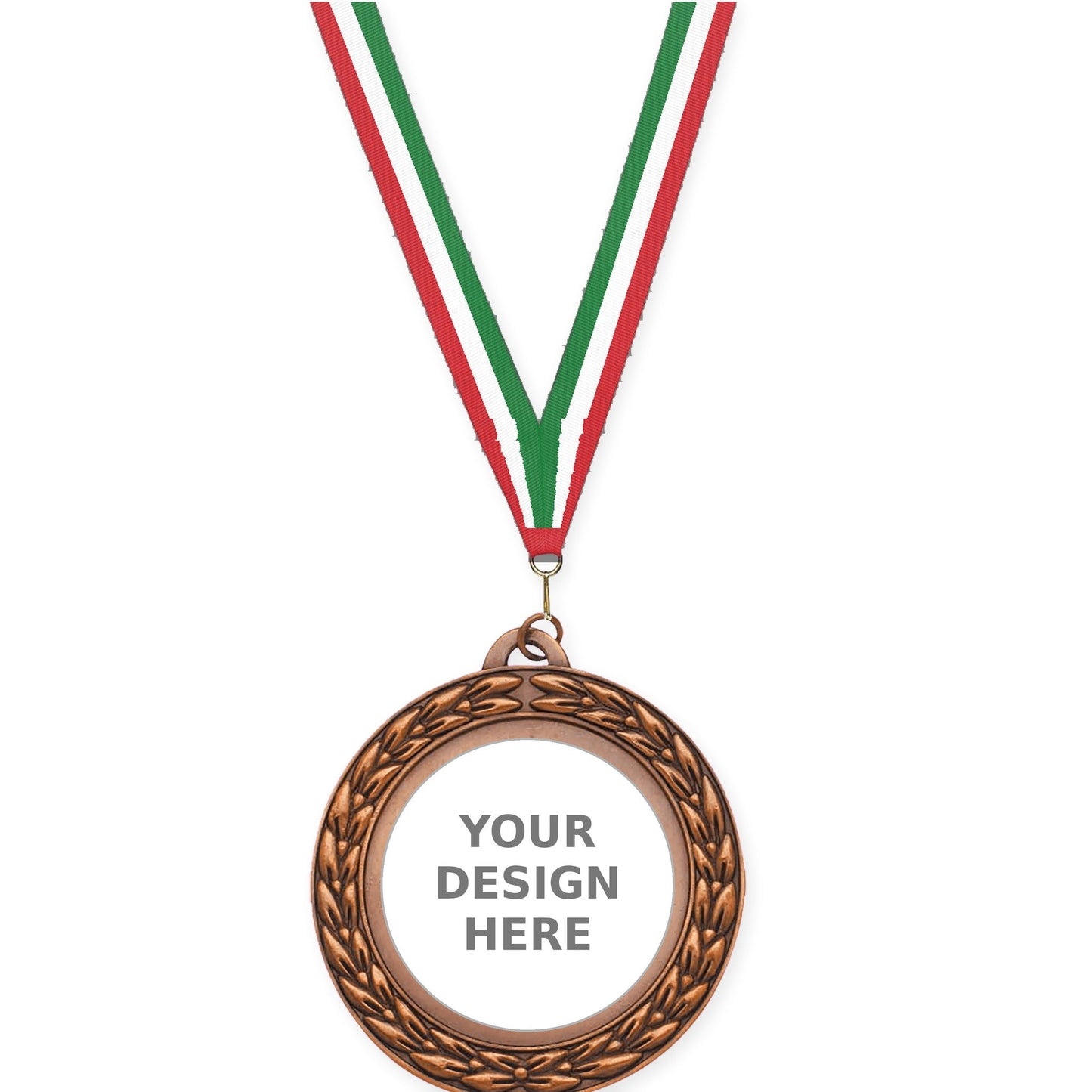 2 3/4 inch Victory Wreath insert medal in antique bronze with Red White Green neck ribbon