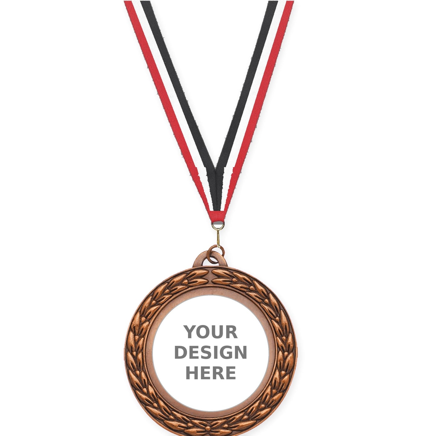2 3/4 inch Victory Wreath insert medal in antique bronze with Red White Black neck ribbon
