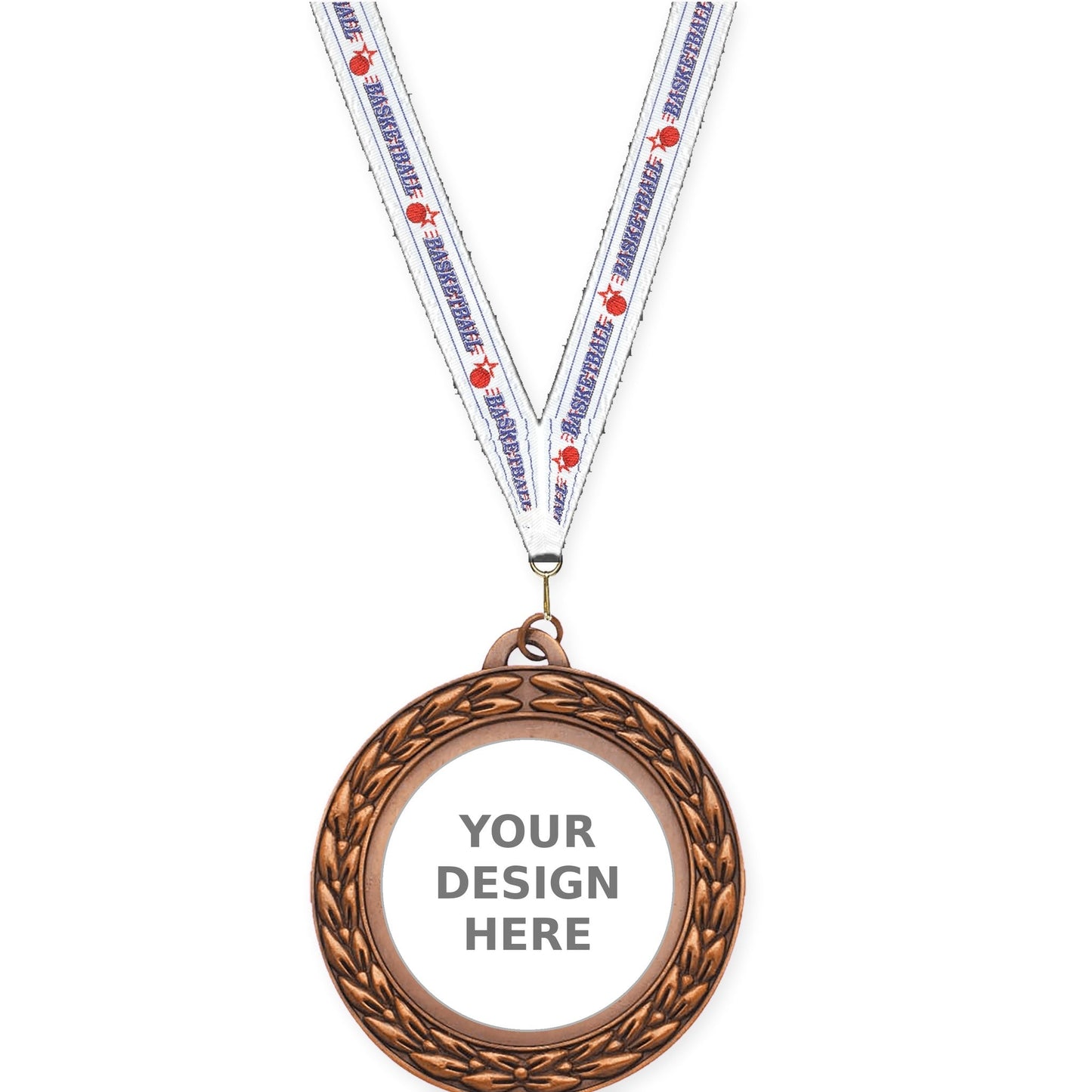 2 3/4 inch Victory Wreath insert medal in antique bronze with Basketball neck ribbon