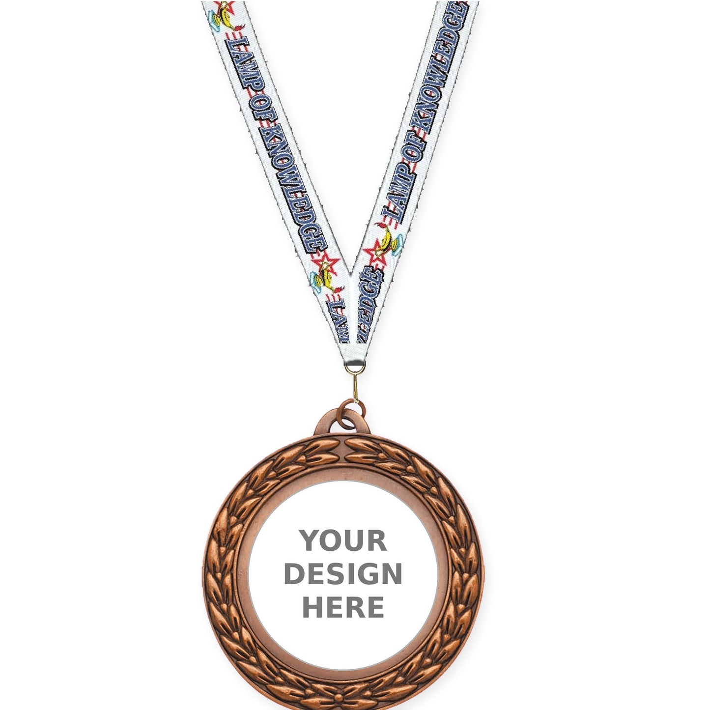 2 3/4 inch Victory Wreath insert medal in antique bronze with Lamp Of Knowledge neck ribbon