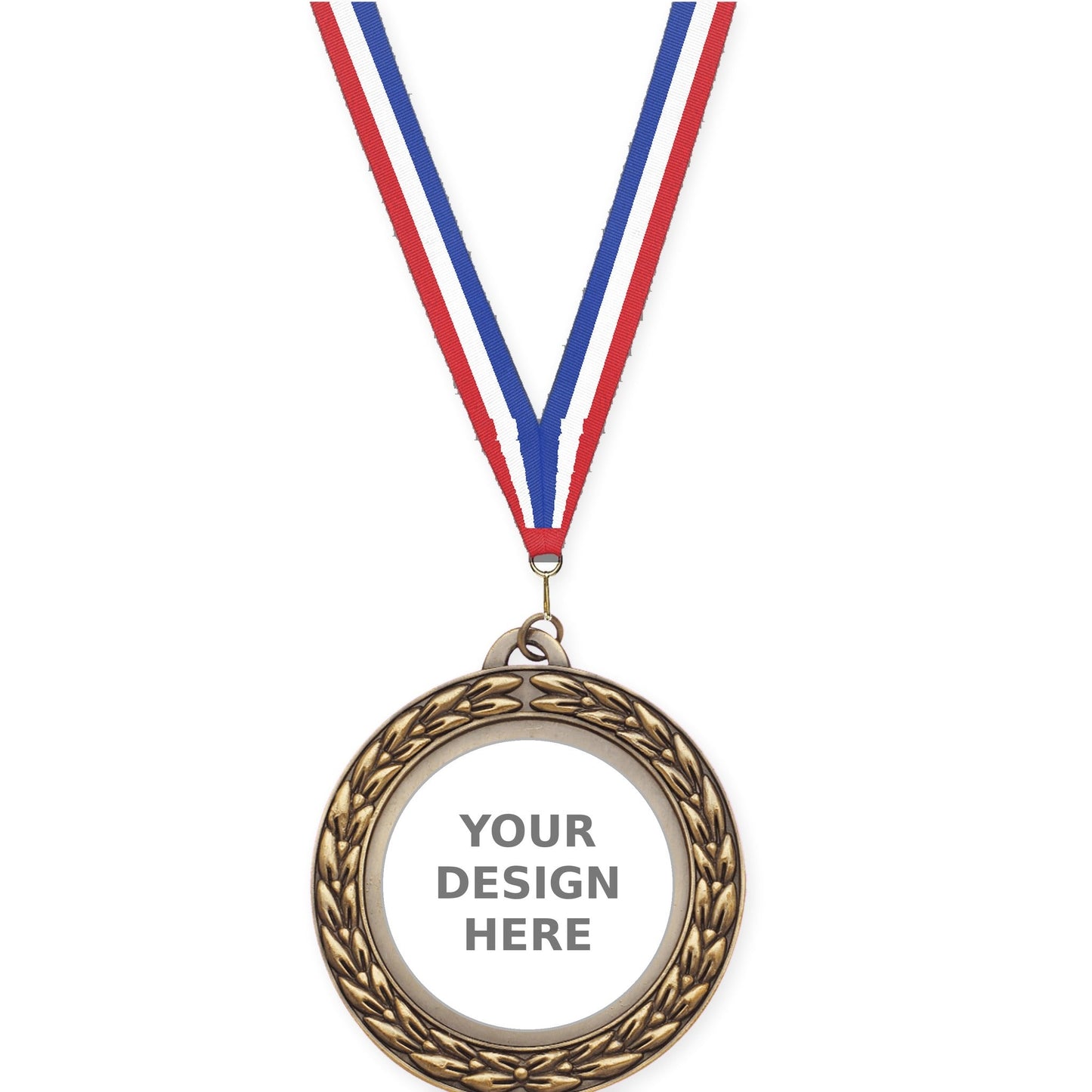 2 3/4 inch Victory Wreath insert medal in antique gold with Red White Blue neck ribbon