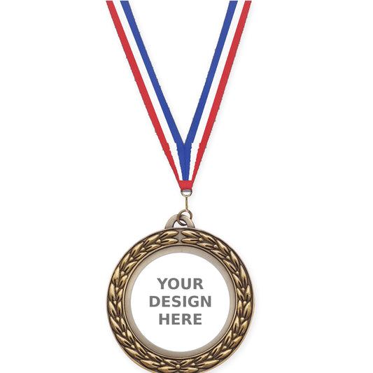 2 3/4 inch Victory Wreath insert medal in antique gold with Red White Blue neck ribbon