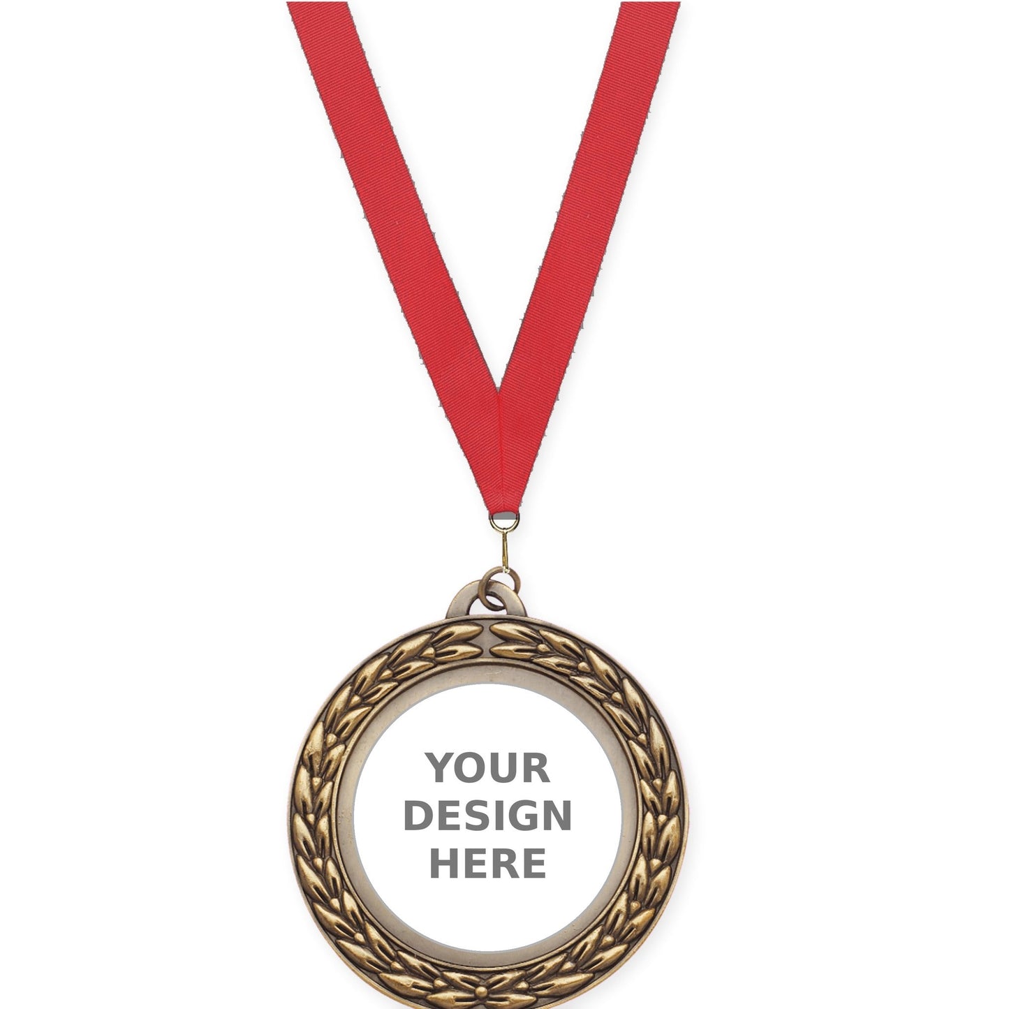 2 3/4 inch Victory Wreath insert medal in antique gold with Red neck ribbon