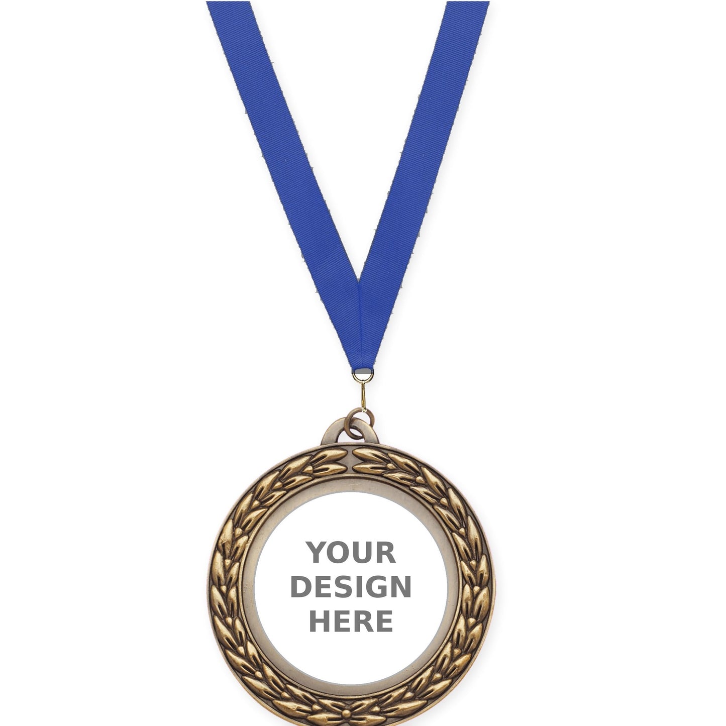 2 3/4 inch Victory Wreath insert medal in antique gold with Blue neck ribbon