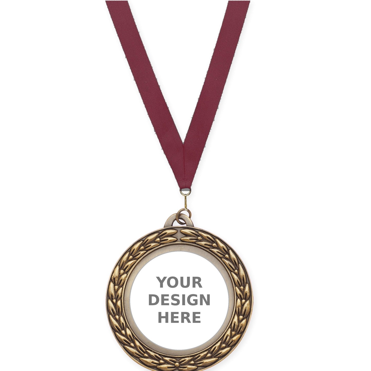 2 3/4 inch Victory Wreath insert medal in antique gold with Maroon neck ribbon