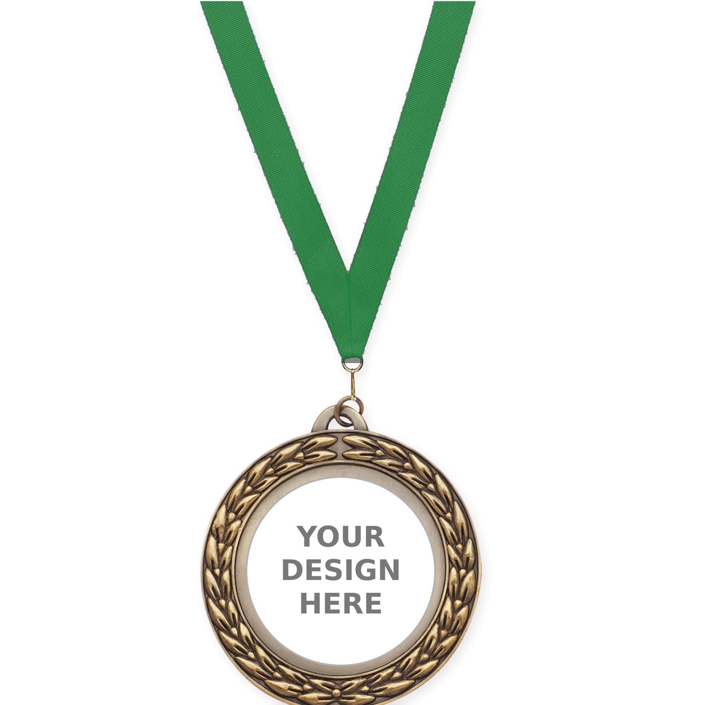 2 3/4 inch Victory Wreath insert medal in antique gold with Green neck ribbon