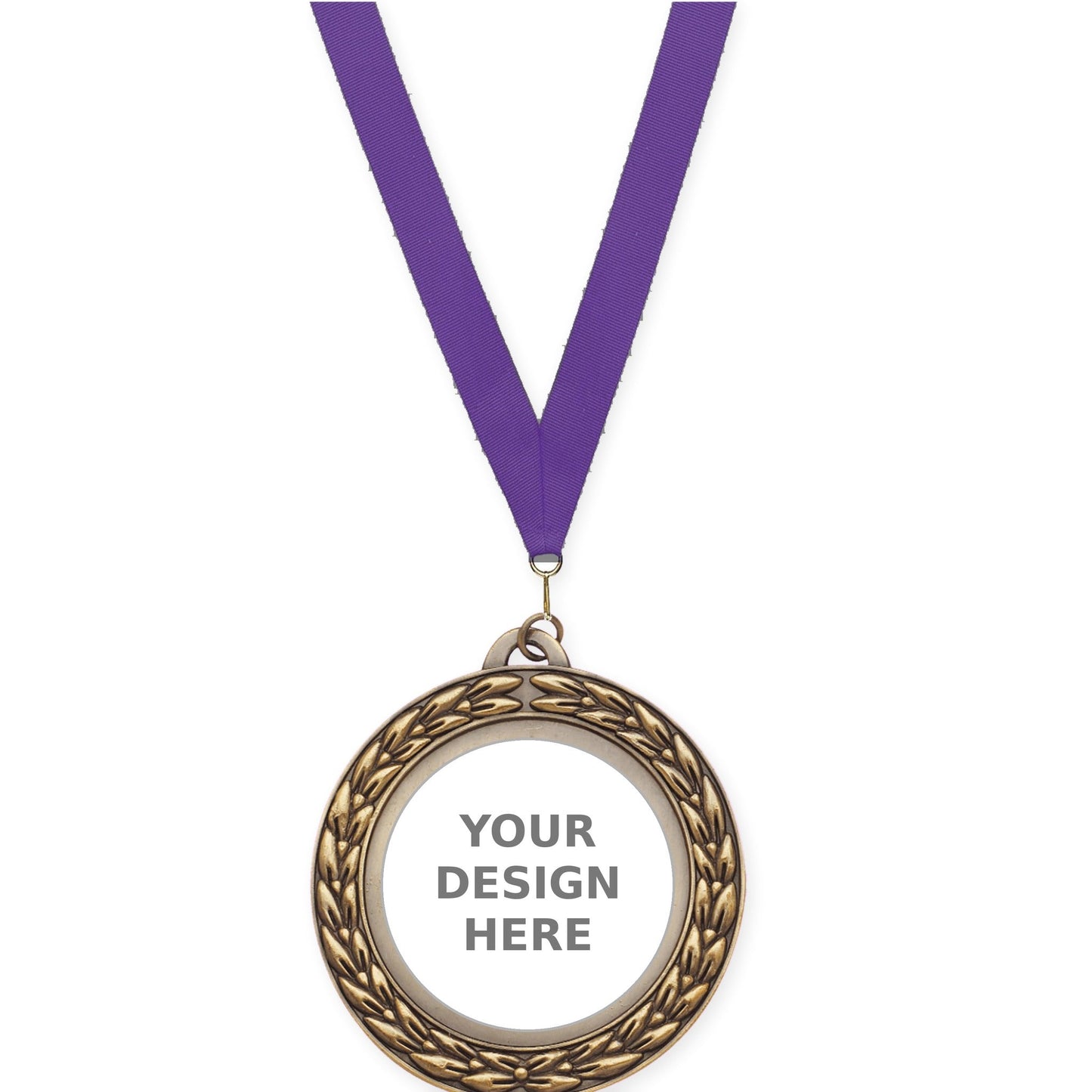 2 3/4 inch Victory Wreath insert medal in antique gold with Purple neck ribbon