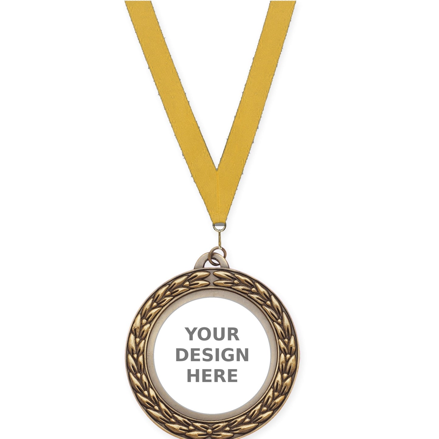 2 3/4 inch Victory Wreath insert medal in antique gold with Gold neck ribbon