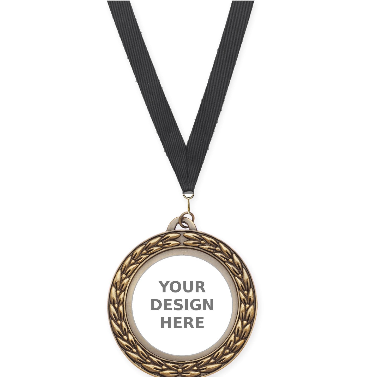 2 3/4 inch Victory Wreath insert medal in antique gold with Black neck ribbon