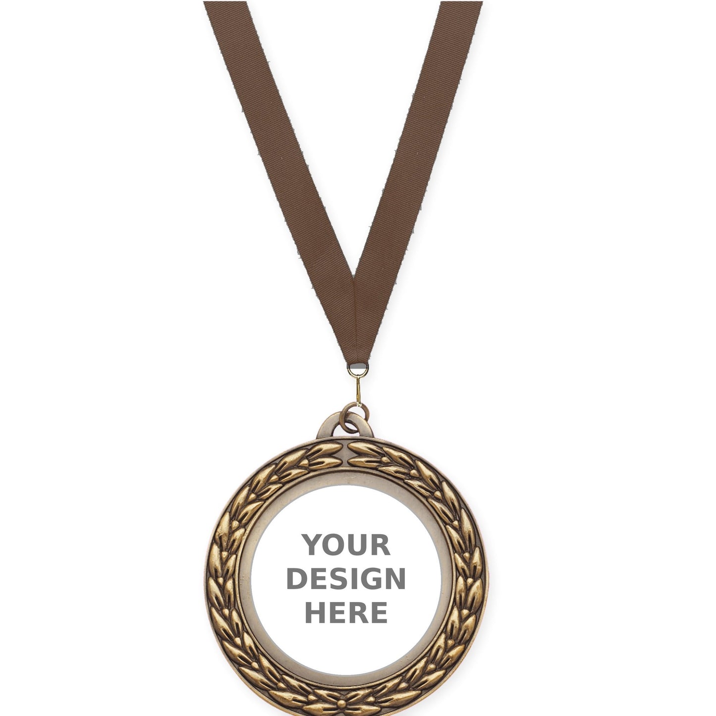 2 3/4 inch Victory Wreath insert medal in antique gold with Brown neck ribbon