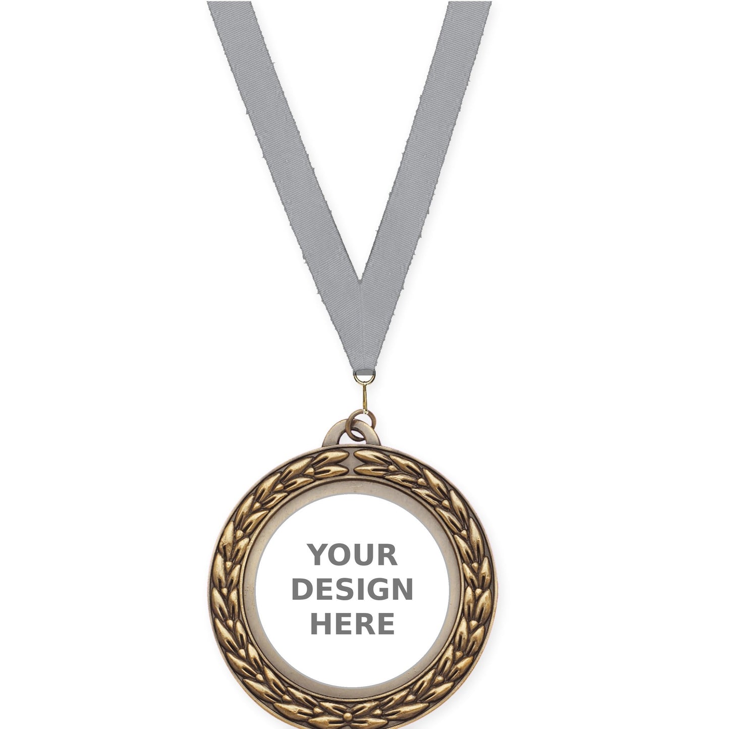2 3/4 inch Victory Wreath insert medal in antique gold with Gray neck ribbon