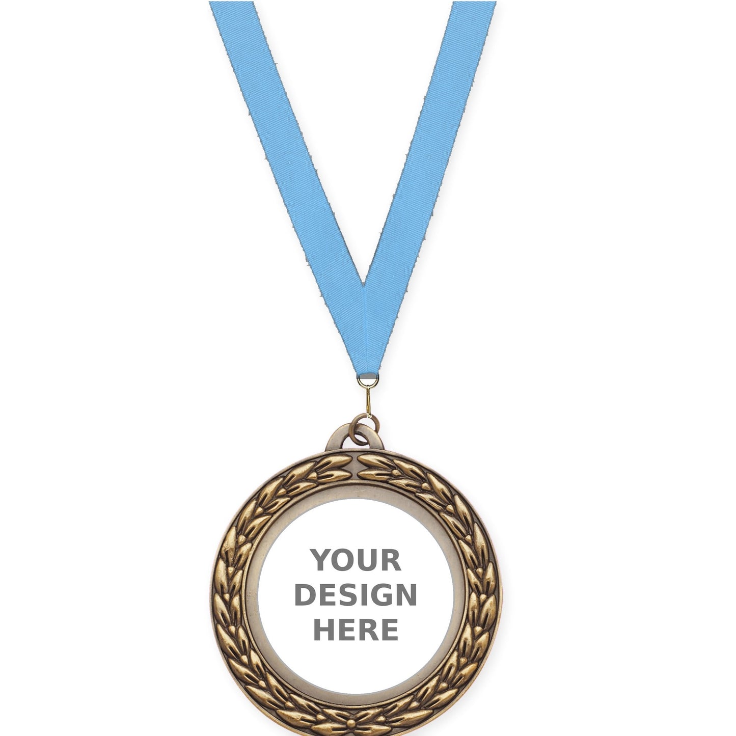 2 3/4 inch Victory Wreath insert medal in antique gold with Light Blue neck ribbon