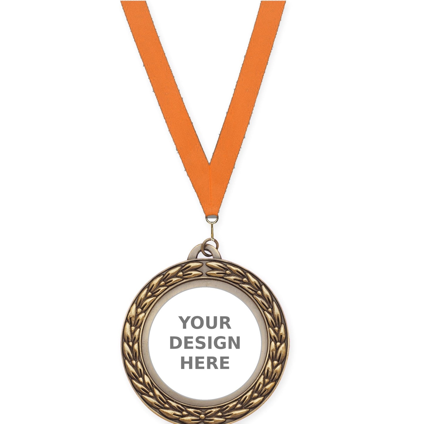 2 3/4 inch Victory Wreath insert medal in antique gold with Orange neck ribbon