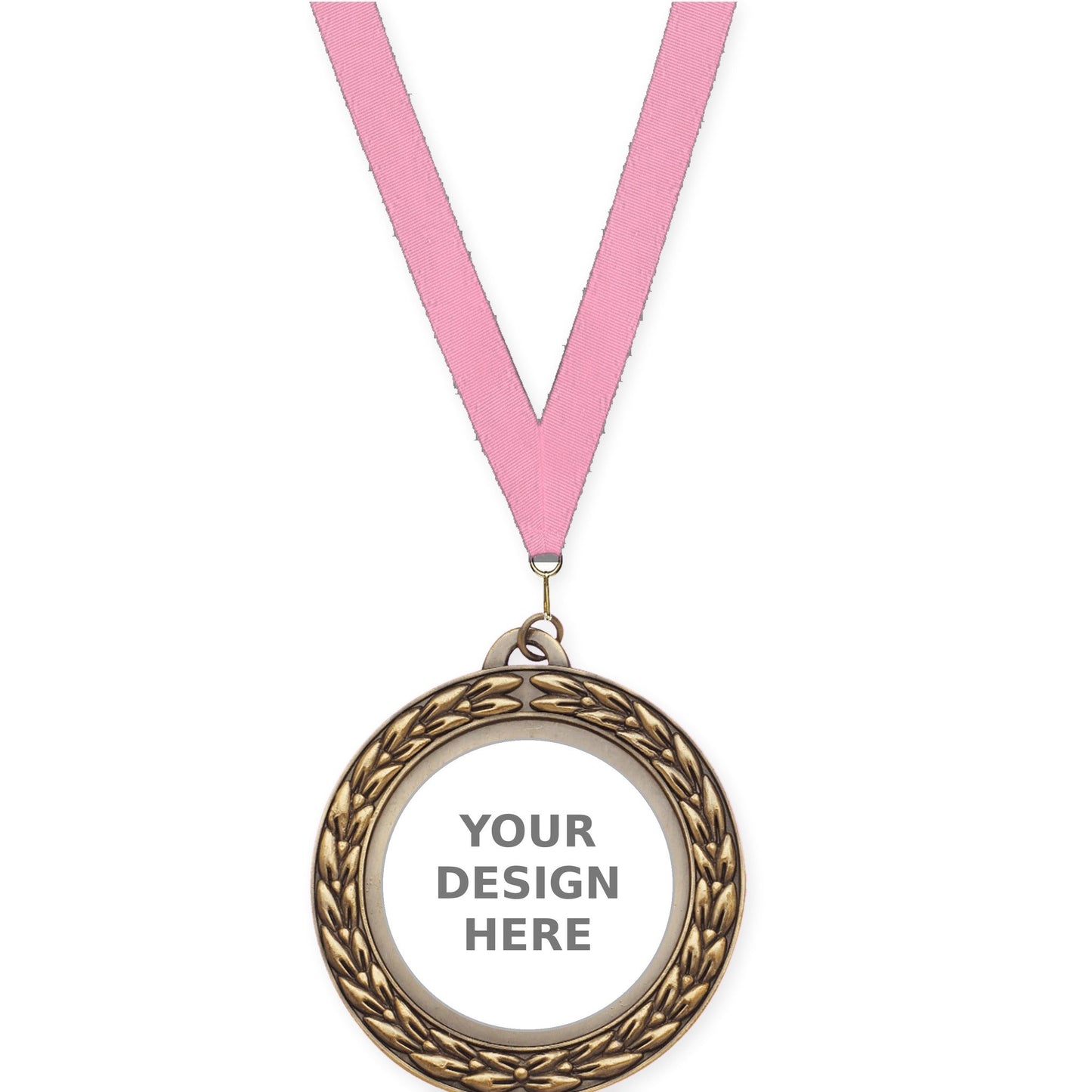 2 3/4 inch Victory Wreath insert medal in antique gold with Pink neck ribbon