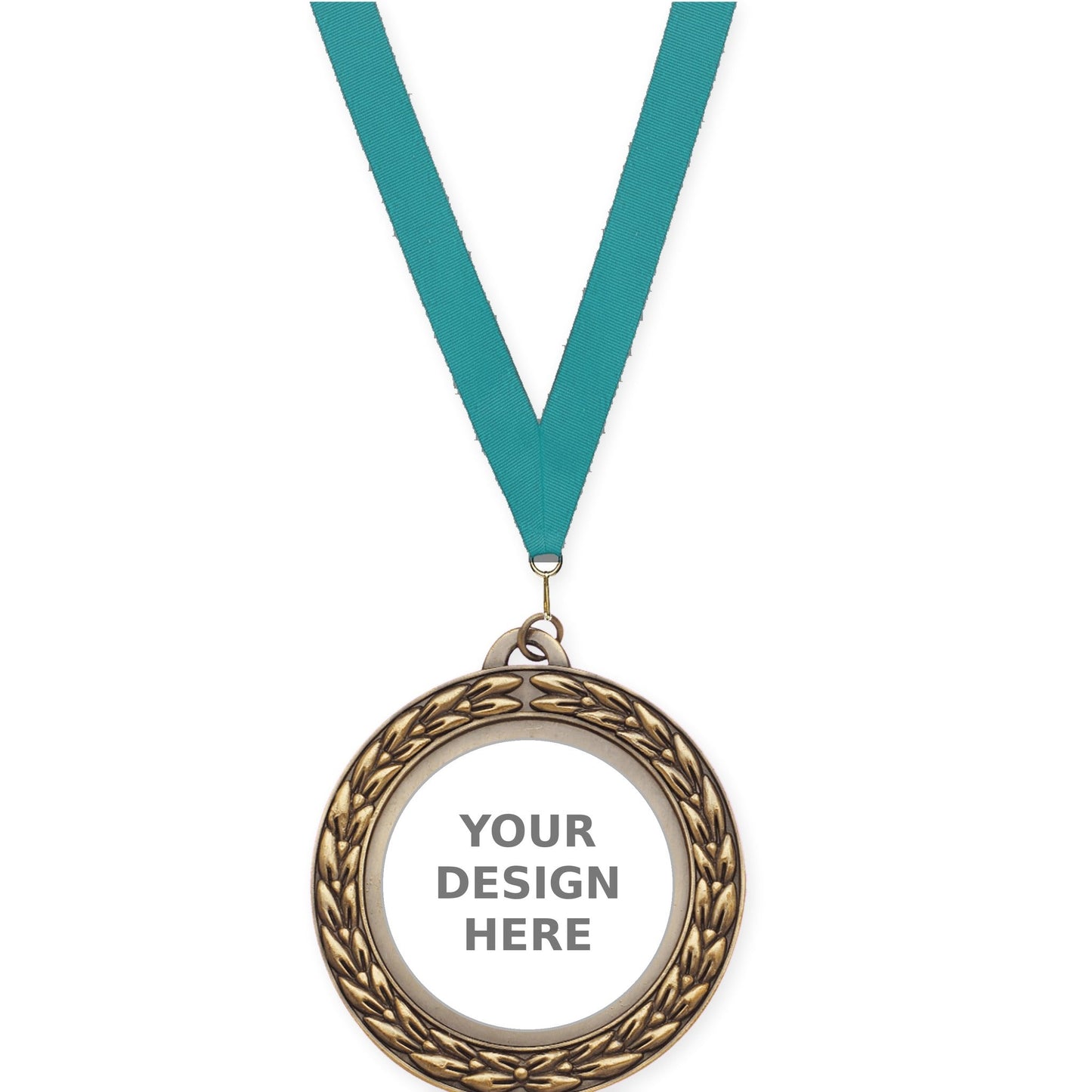 2 3/4 inch Victory Wreath insert medal in antique gold with Teal neck ribbon