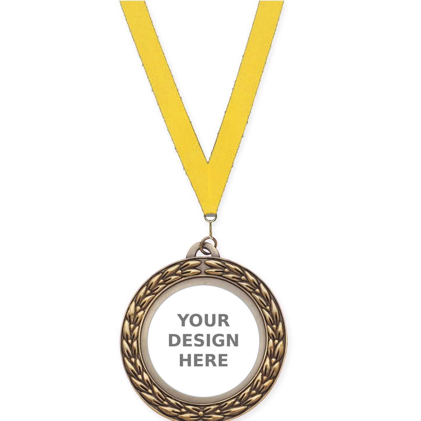 2 3/4 inch Victory Wreath insert medal in antique gold with Yellow neck ribbon