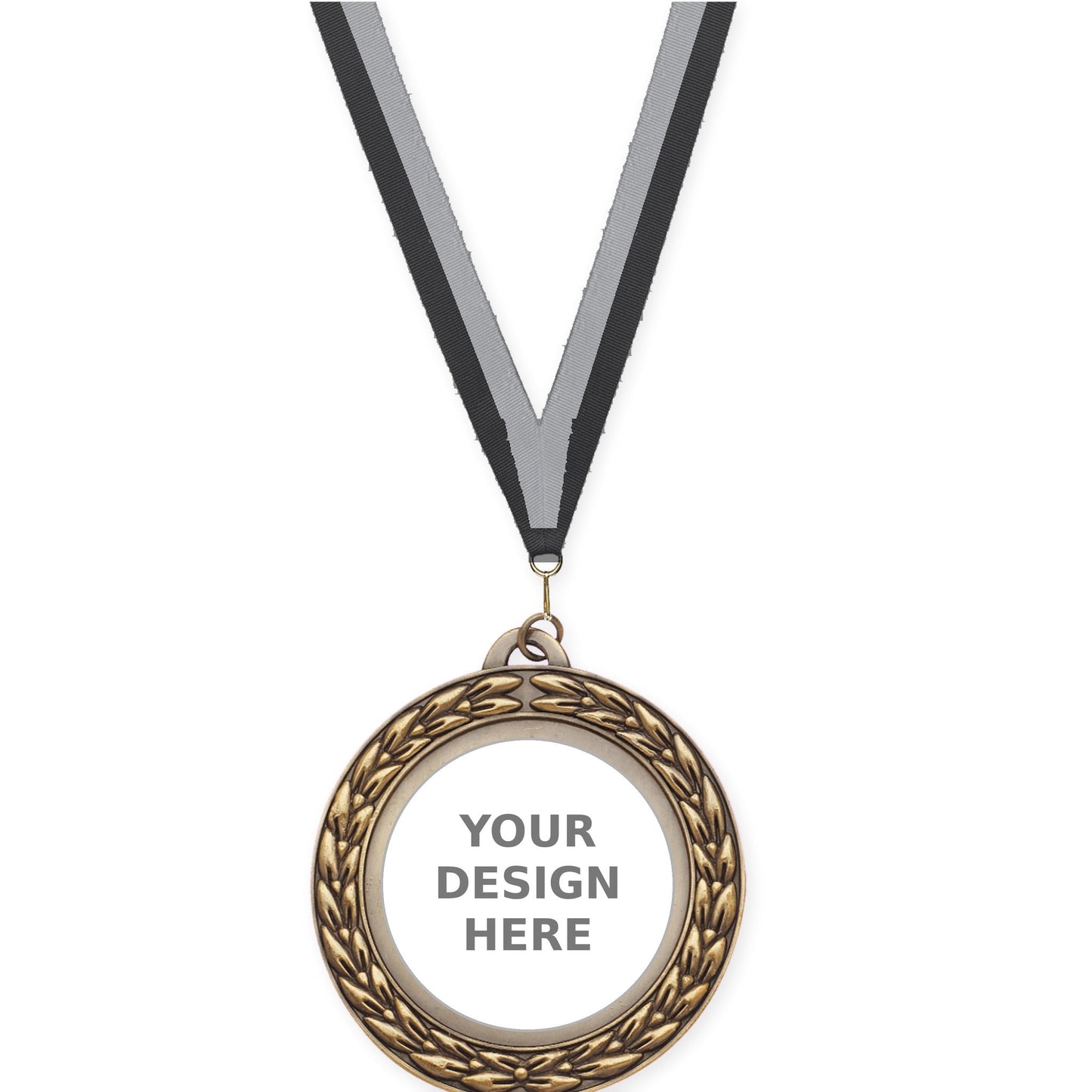 2 3/4 inch Victory Wreath insert medal in antique gold with Black Gray neck ribbon