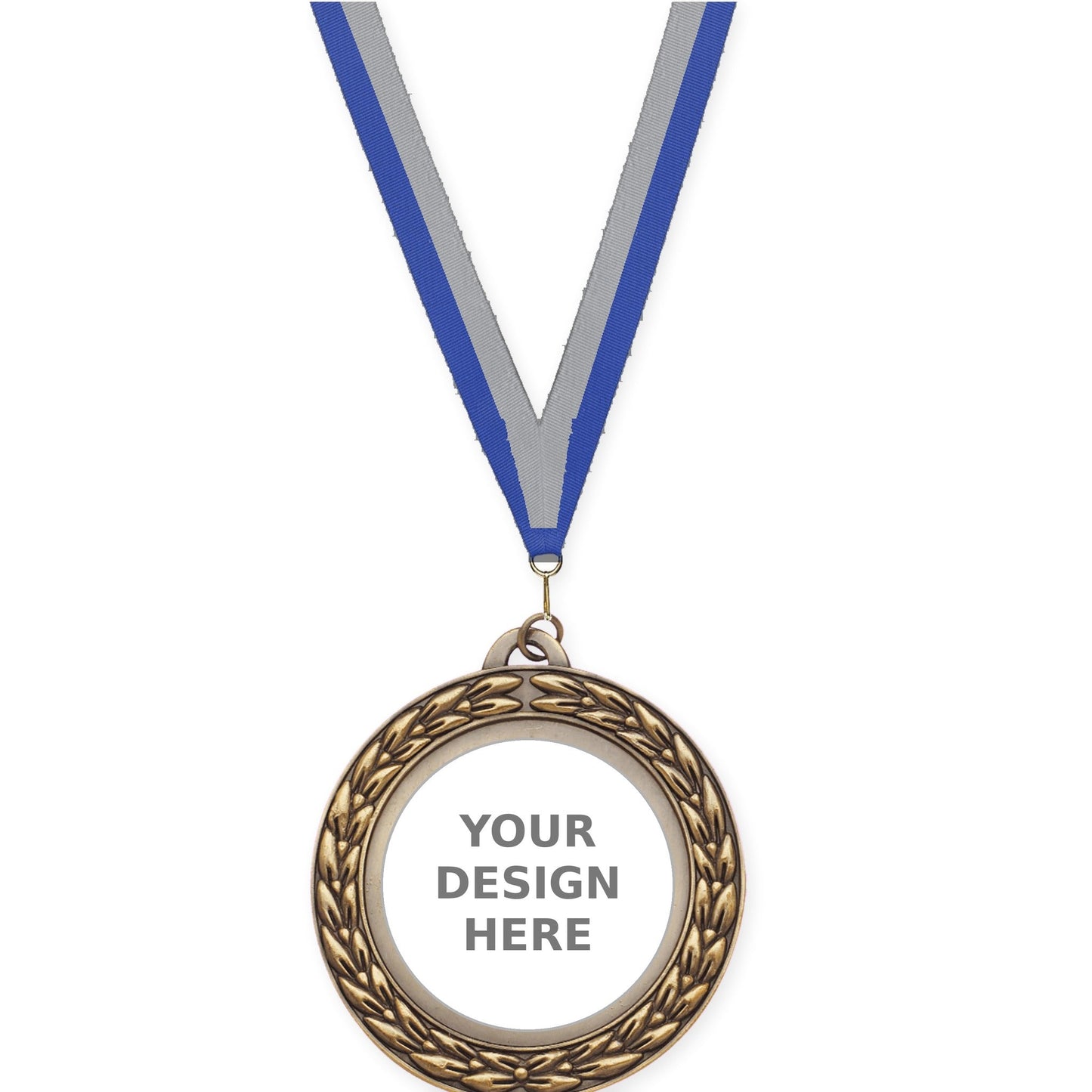 2 3/4 inch Victory Wreath insert medal in antique gold with Blue Gray neck ribbon