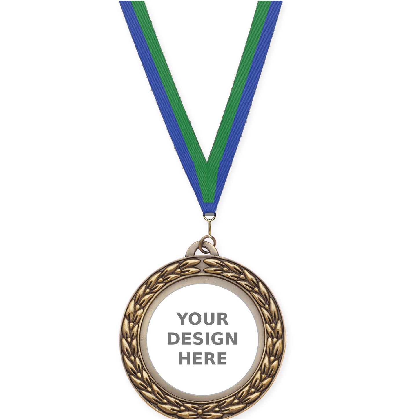 2 3/4 inch Victory Wreath insert medal in antique gold with Blue Green neck ribbon