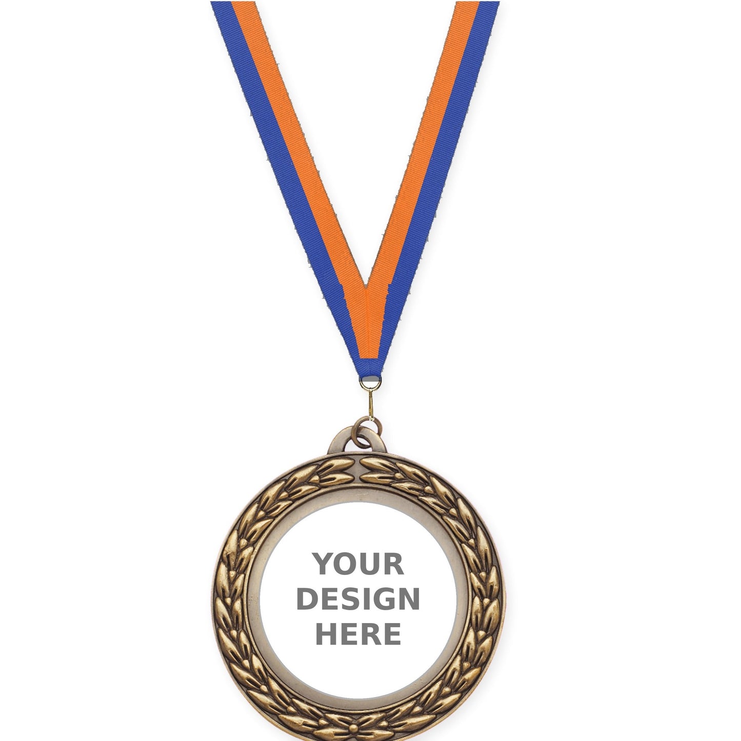2 3/4 inch Victory Wreath insert medal in antique gold with Blue Orange neck ribbon