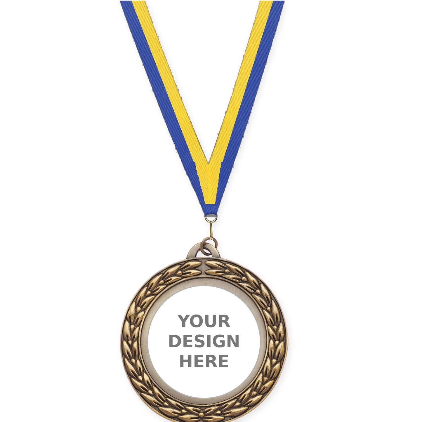 2 3/4 inch Victory Wreath insert medal in antique gold with Blue Yellow neck ribbon