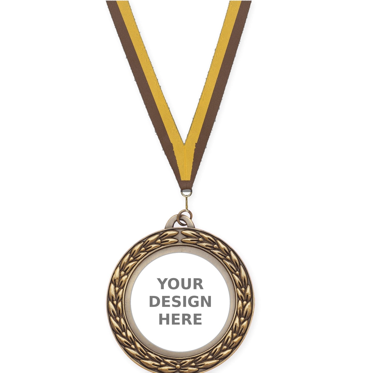 2 3/4 inch Victory Wreath insert medal in antique gold with Brown Gold neck ribbon