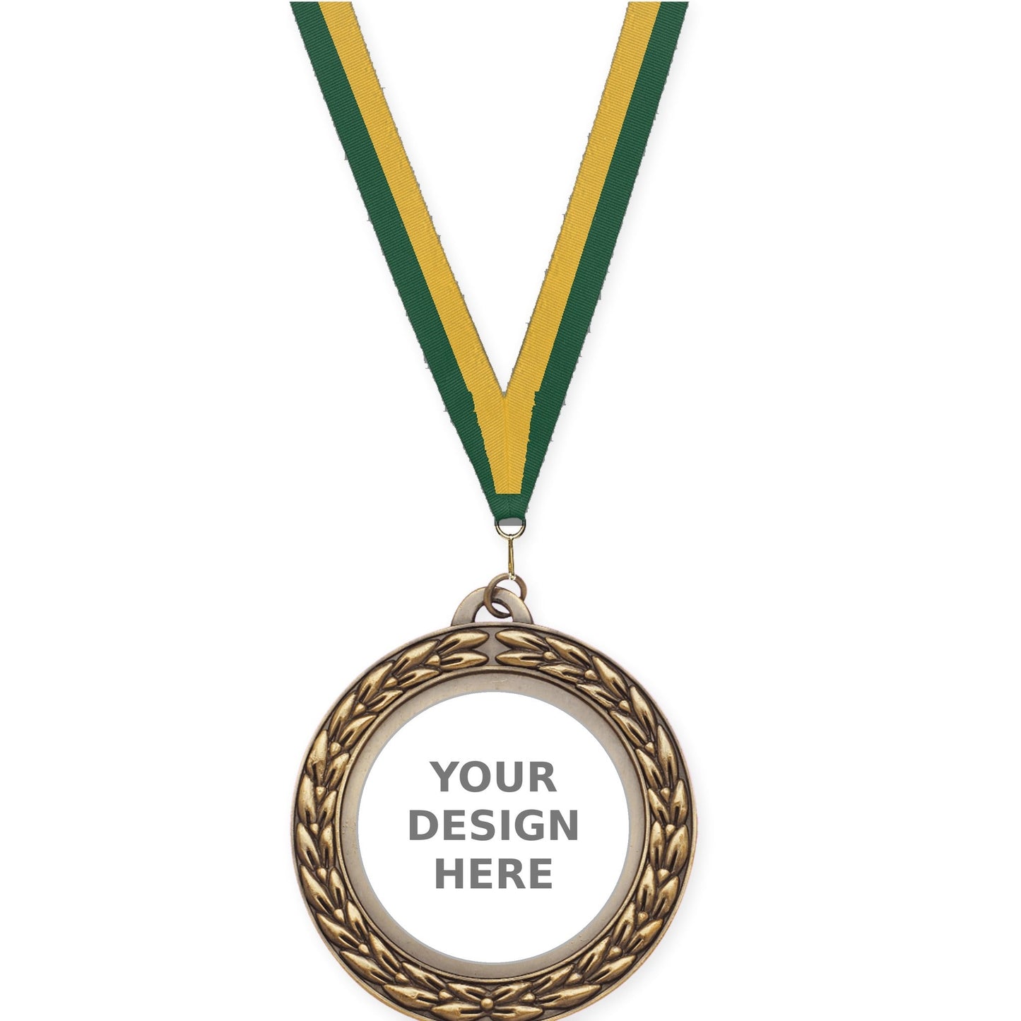 2 3/4 inch Victory Wreath insert medal in antique gold with Hunter Green Gold neck ribbon