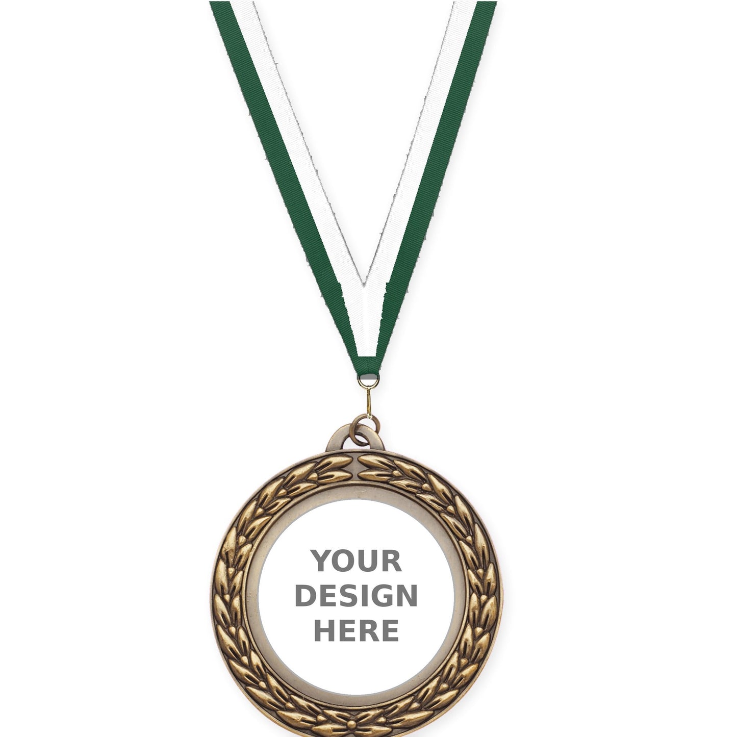 2 3/4 inch Victory Wreath insert medal in antique gold with Hunter Green White neck ribbon