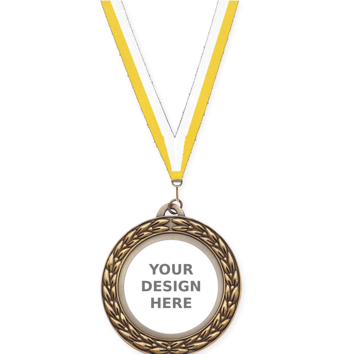 2 3/4 inch Victory Wreath insert medal in antique gold with Yellow White neck ribbon