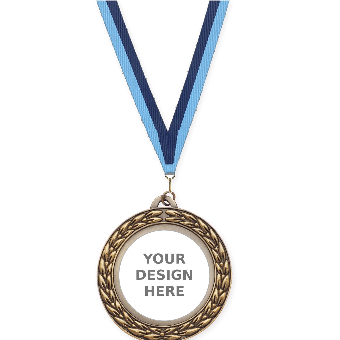 2 3/4 inch Victory Wreath insert medal in antique gold with Light Blue Navy neck ribbon