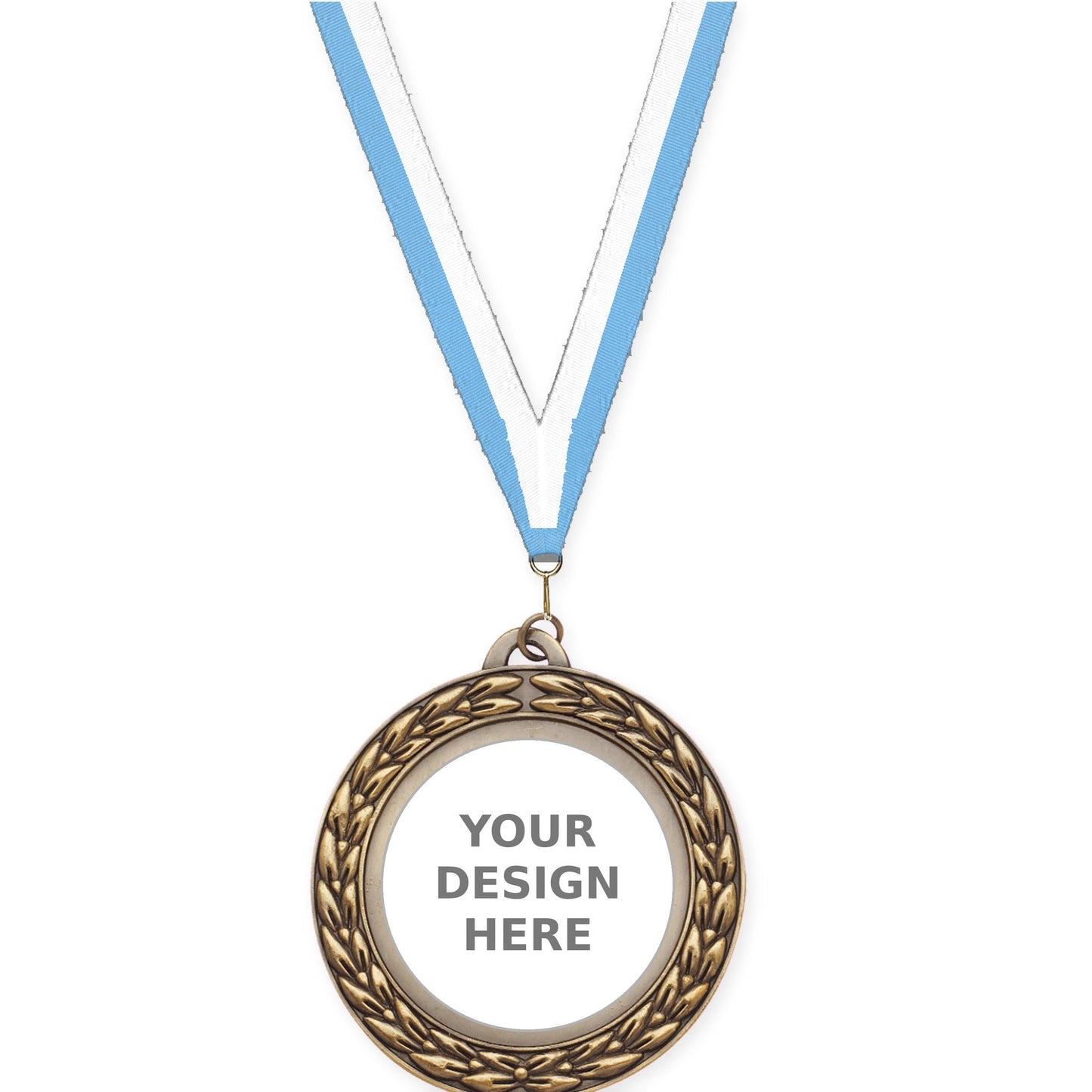 2 3/4 inch Victory Wreath insert medal in antique gold with Light Blue White neck ribbon