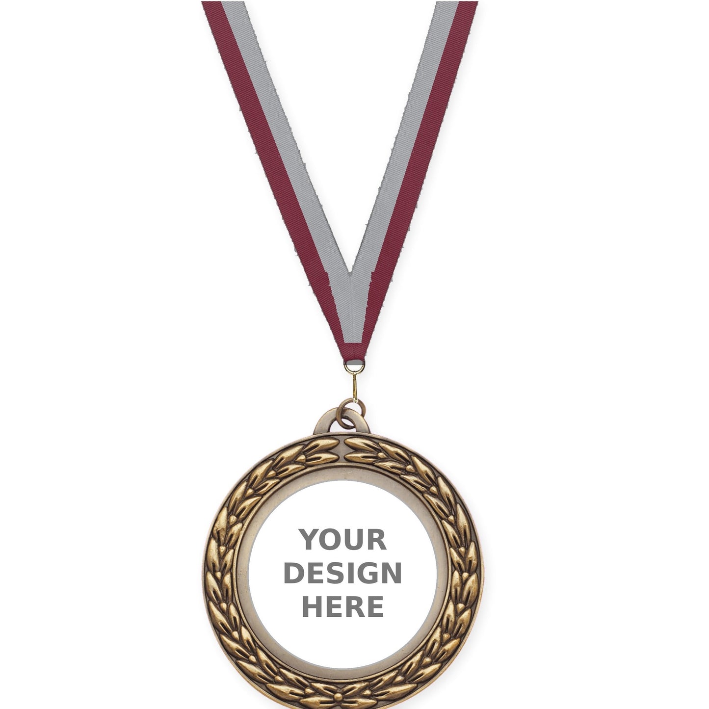 2 3/4 inch Victory Wreath insert medal in antique gold with Maroon Gray neck ribbon