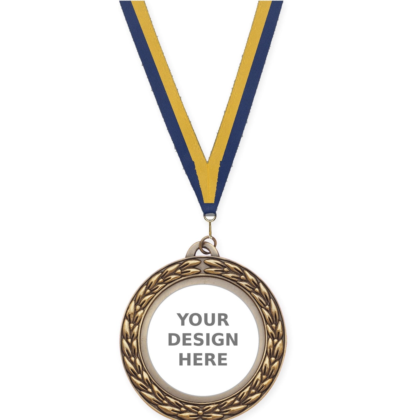 2 3/4 inch Victory Wreath insert medal in antique gold with Navy Gold neck ribbon