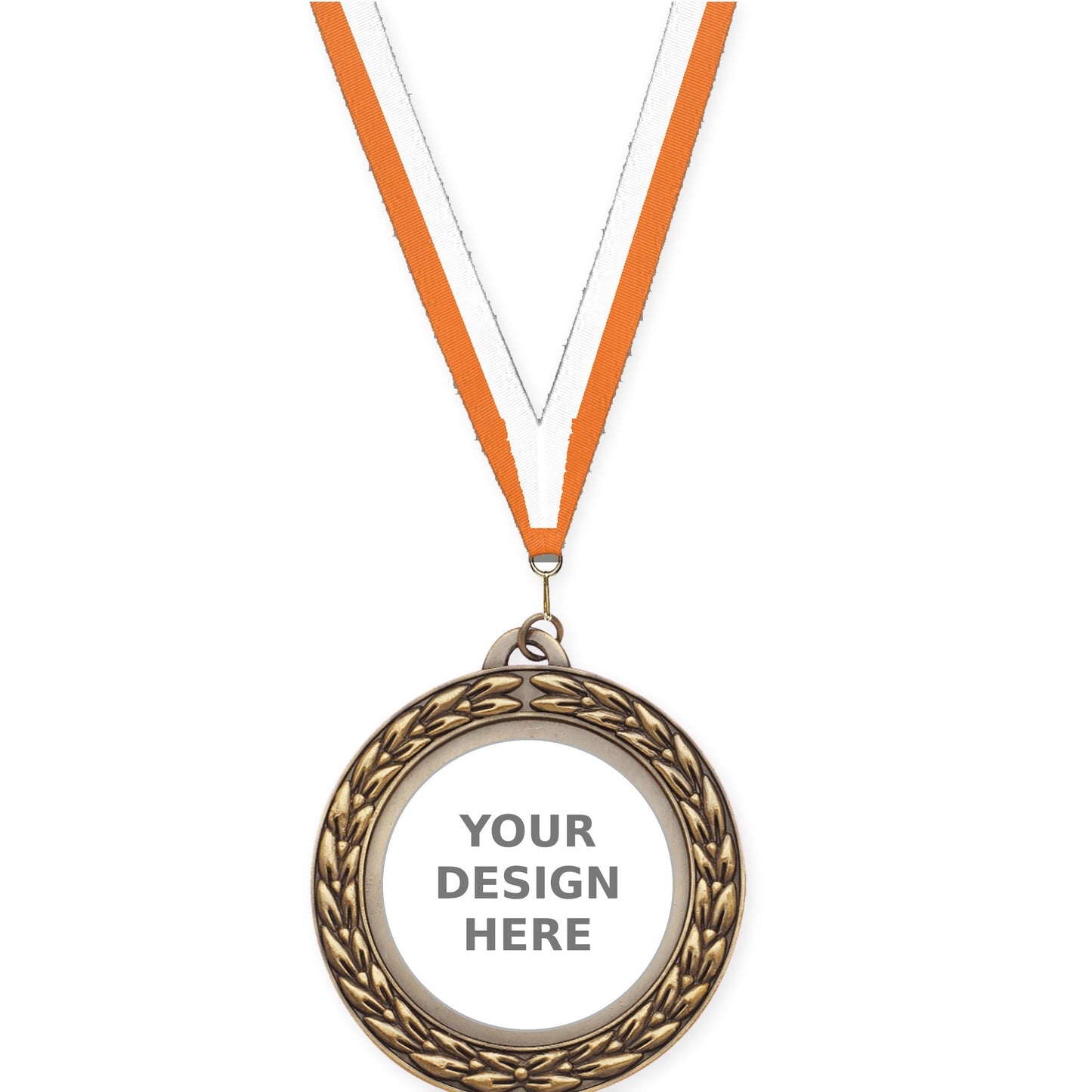 2 3/4 inch Victory Wreath insert medal in antique gold with Orange White neck ribbon