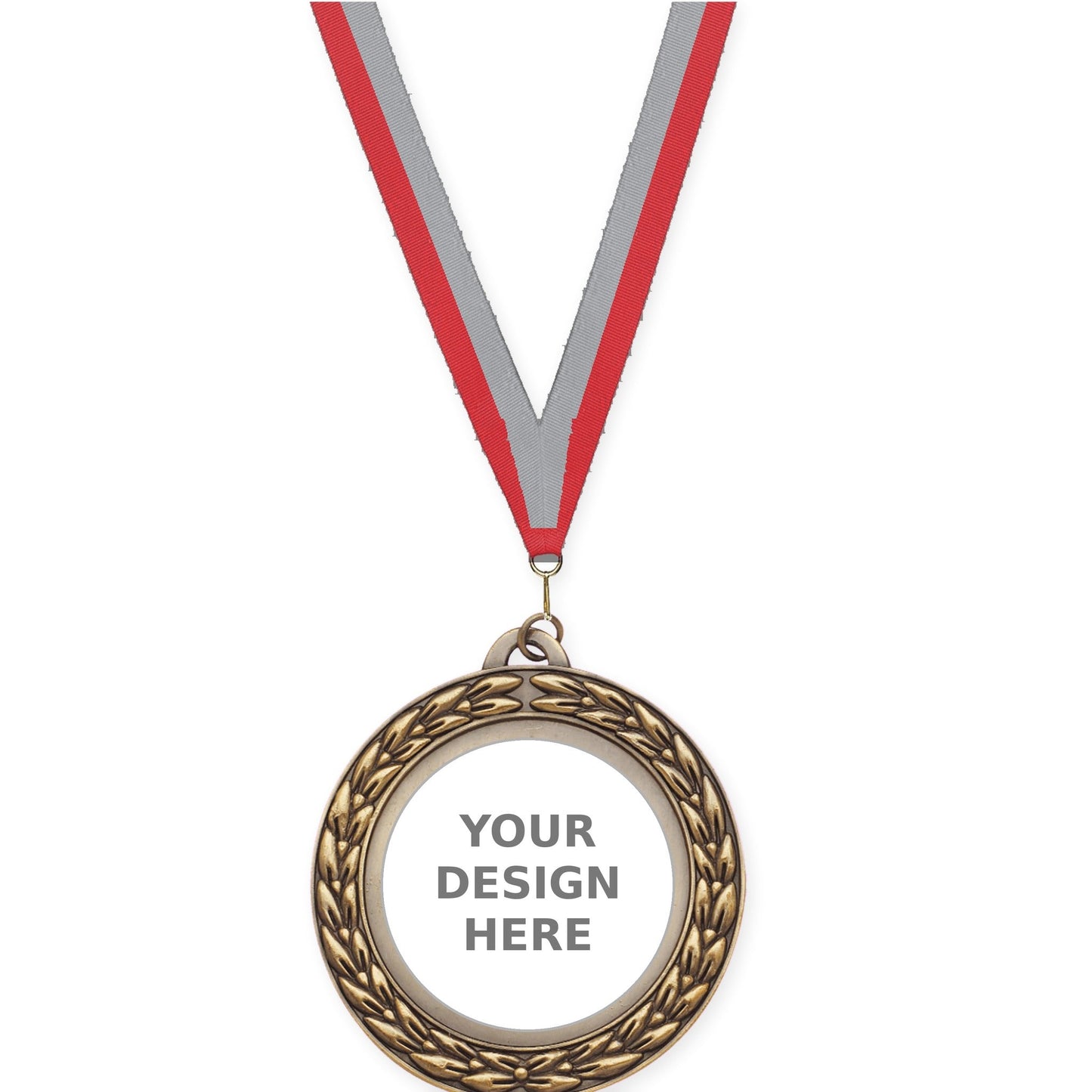2 3/4 inch Victory Wreath insert medal in antique gold with Red Gray neck ribbon