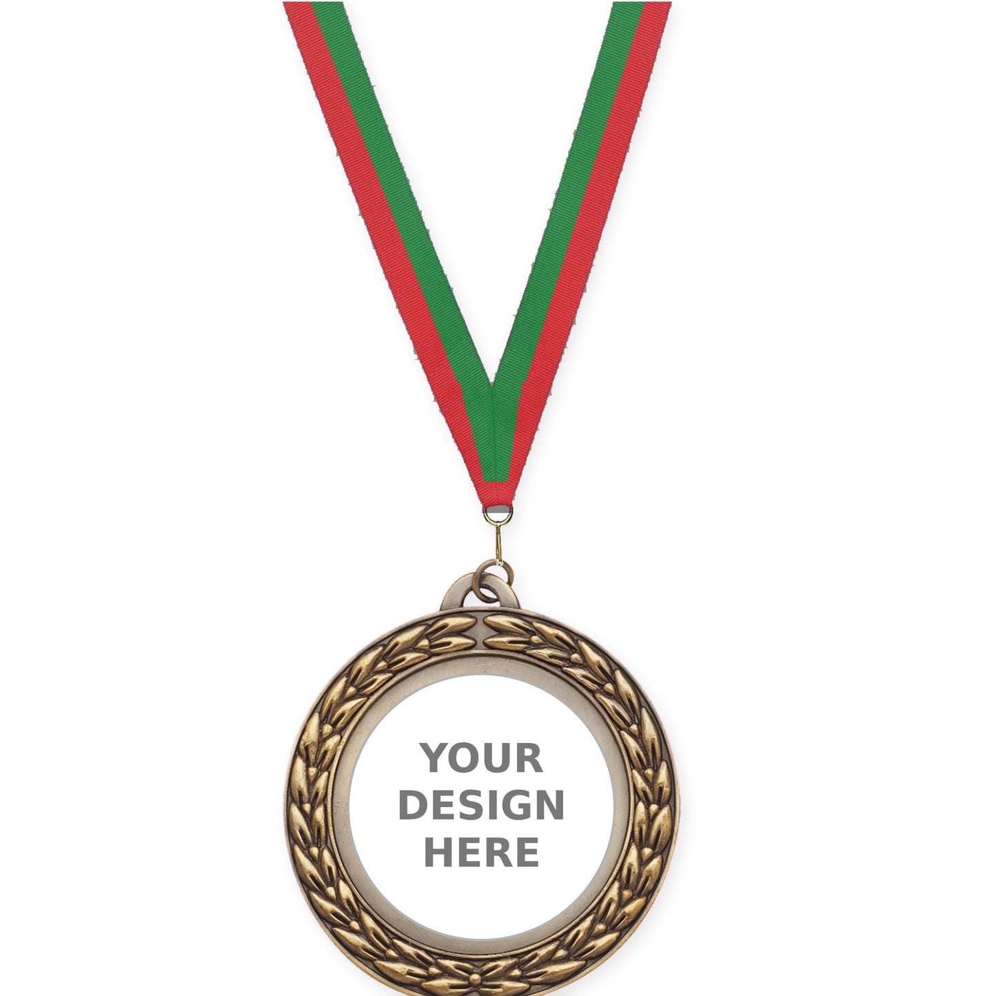 2 3/4 inch Victory Wreath insert medal in antique gold with Red Green neck ribbon