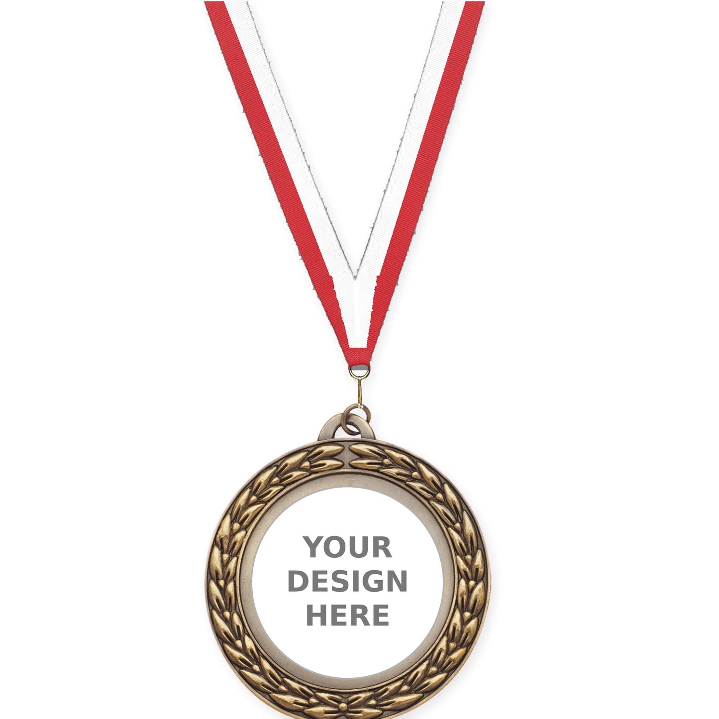 2 3/4 inch Victory Wreath insert medal in antique gold with Red White neck ribbon