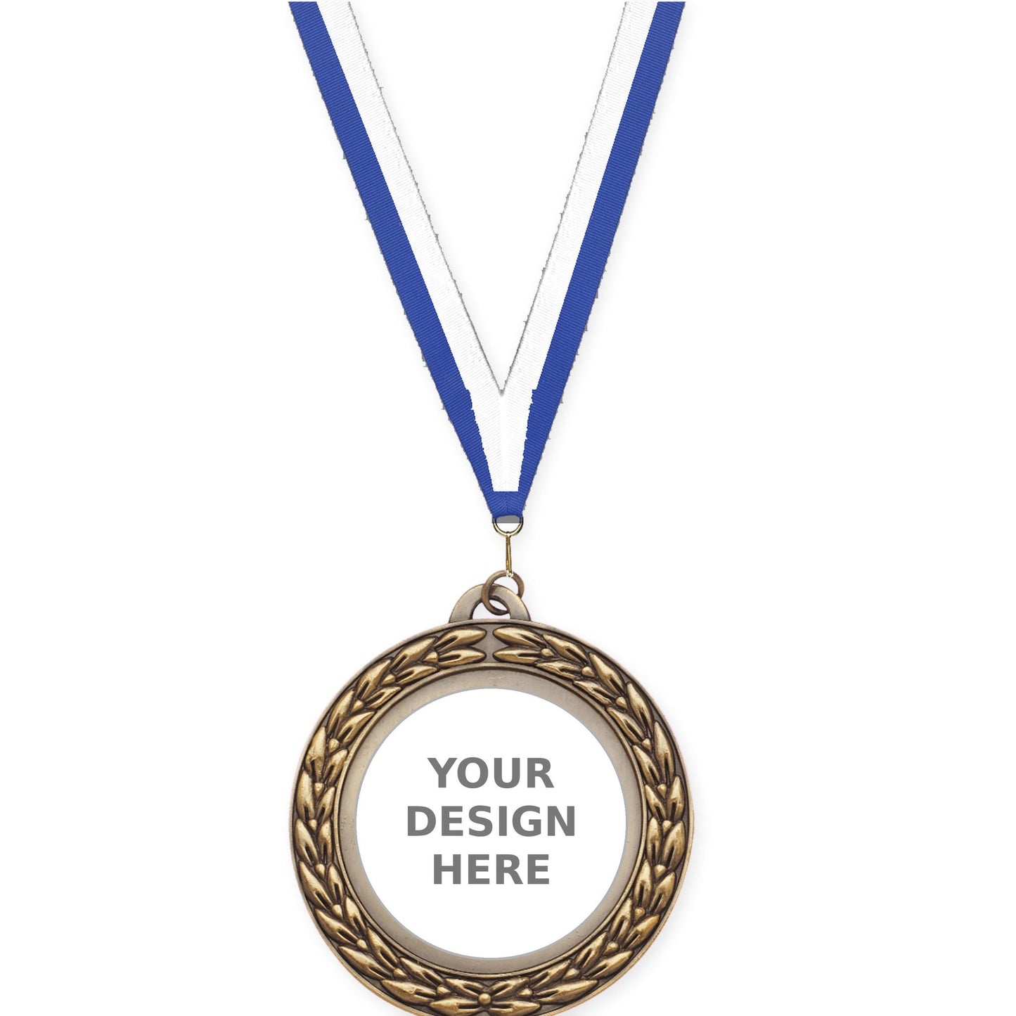 2 3/4 inch Victory Wreath insert medal in antique gold with Blue White neck ribbon
