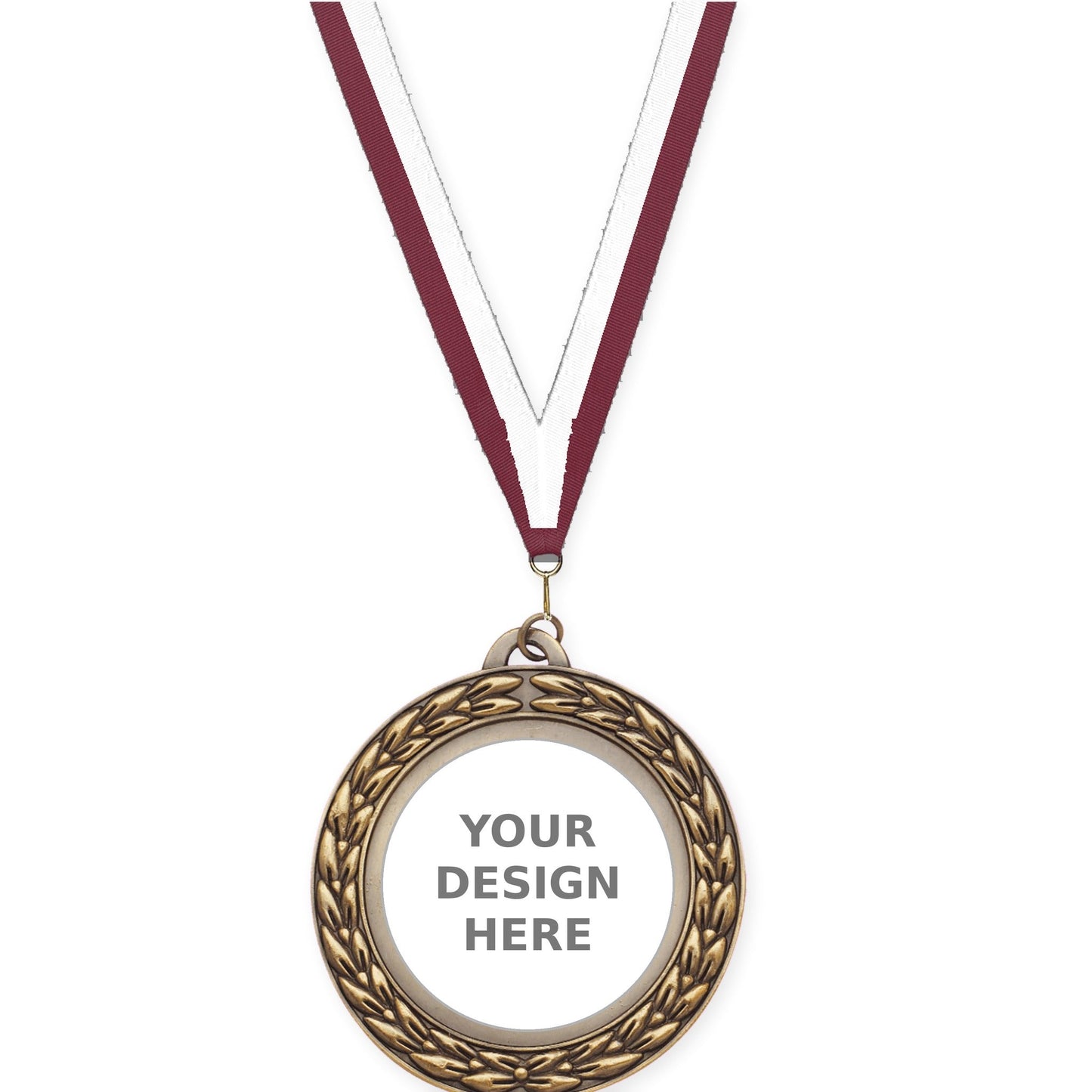 2 3/4 inch Victory Wreath insert medal in antique gold with Maroon White neck ribbon
