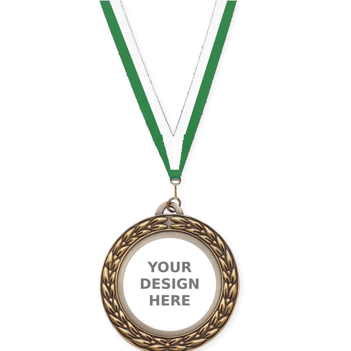 2 3/4 inch Victory Wreath insert medal in antique gold with Green White neck ribbon