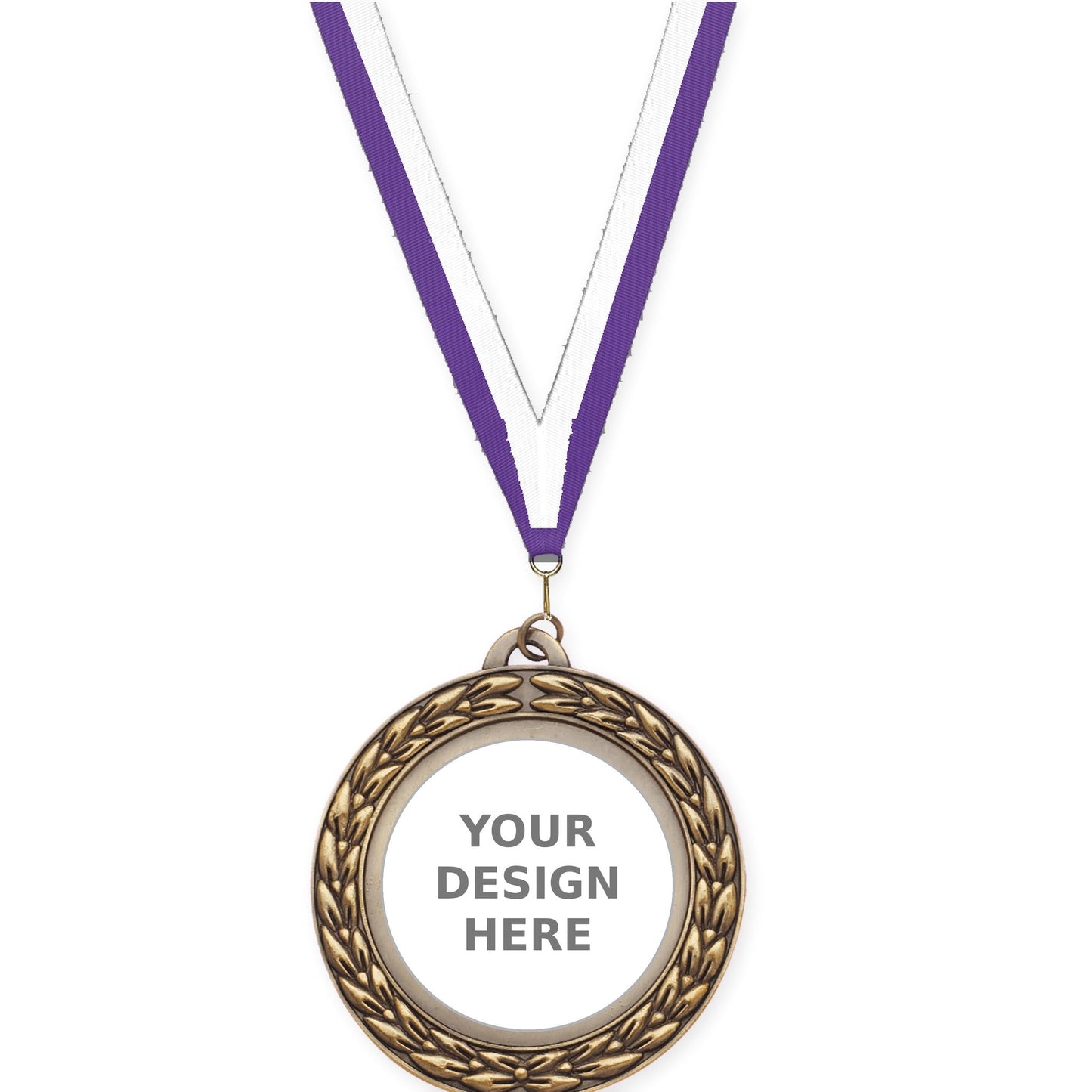 2 3/4 inch Victory Wreath insert medal in antique gold with Purple White neck ribbon