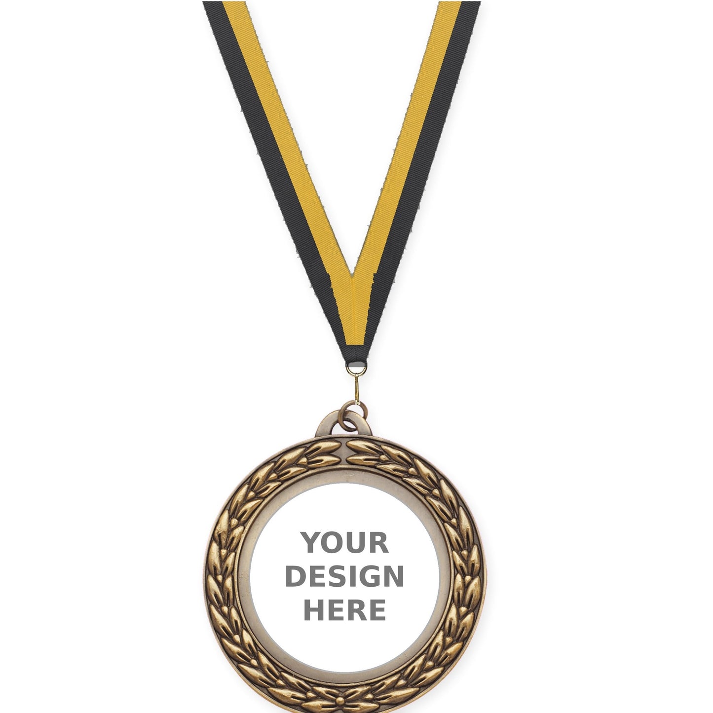 2 3/4 inch Victory Wreath insert medal in antique gold with Black Gold neck ribbon