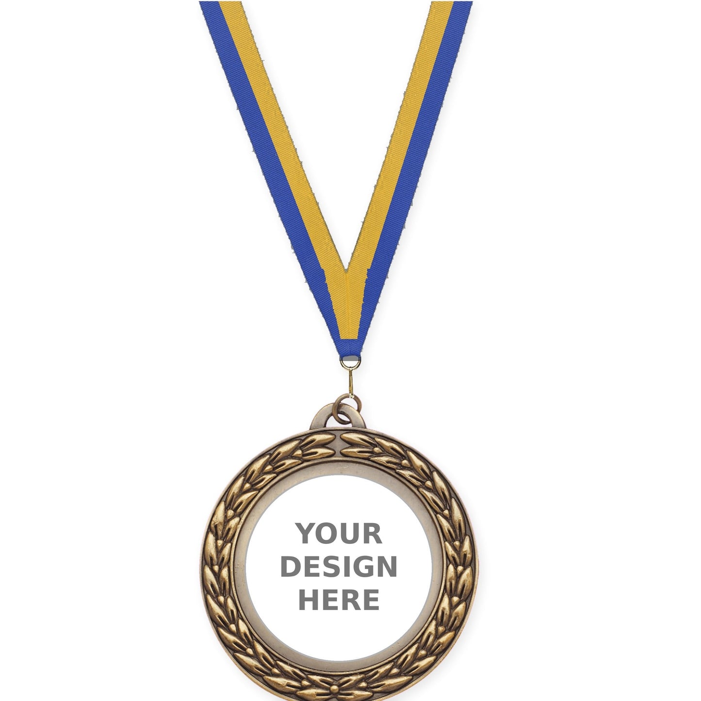2 3/4 inch Victory Wreath insert medal in antique gold with Blue Gold neck ribbon