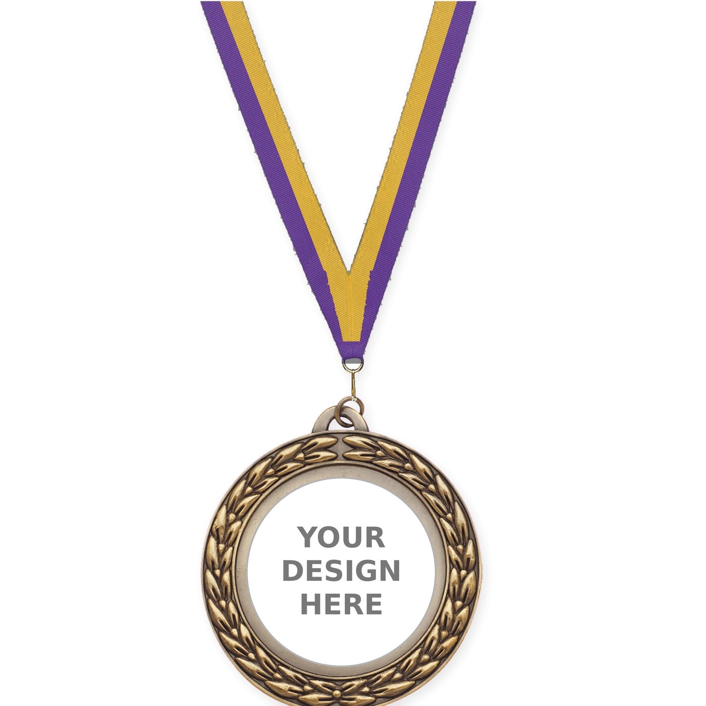 2 3/4 inch Victory Wreath insert medal in antique gold with Purple Gold neck ribbon
