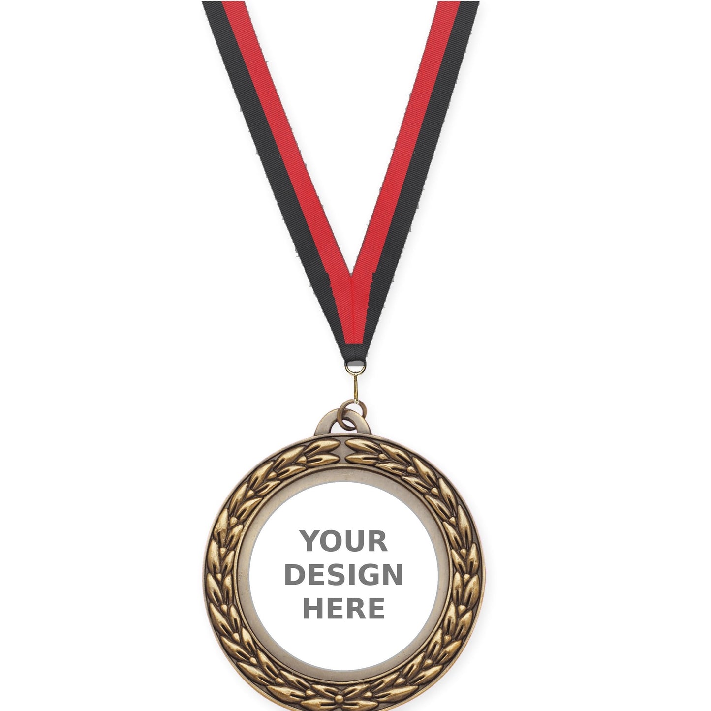 2 3/4 inch Victory Wreath insert medal in antique gold with Black Red neck ribbon