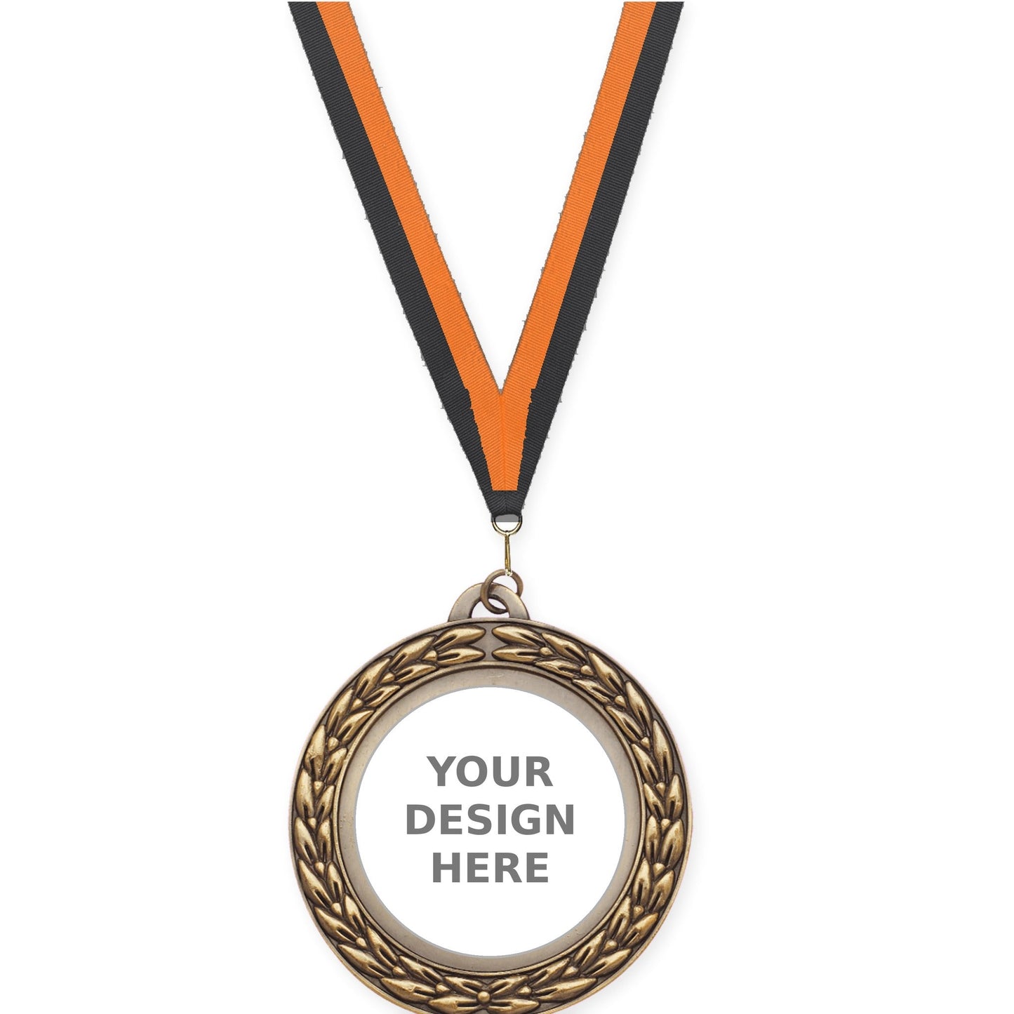 2 3/4 inch Victory Wreath insert medal in antique gold with Black Orange neck ribbon